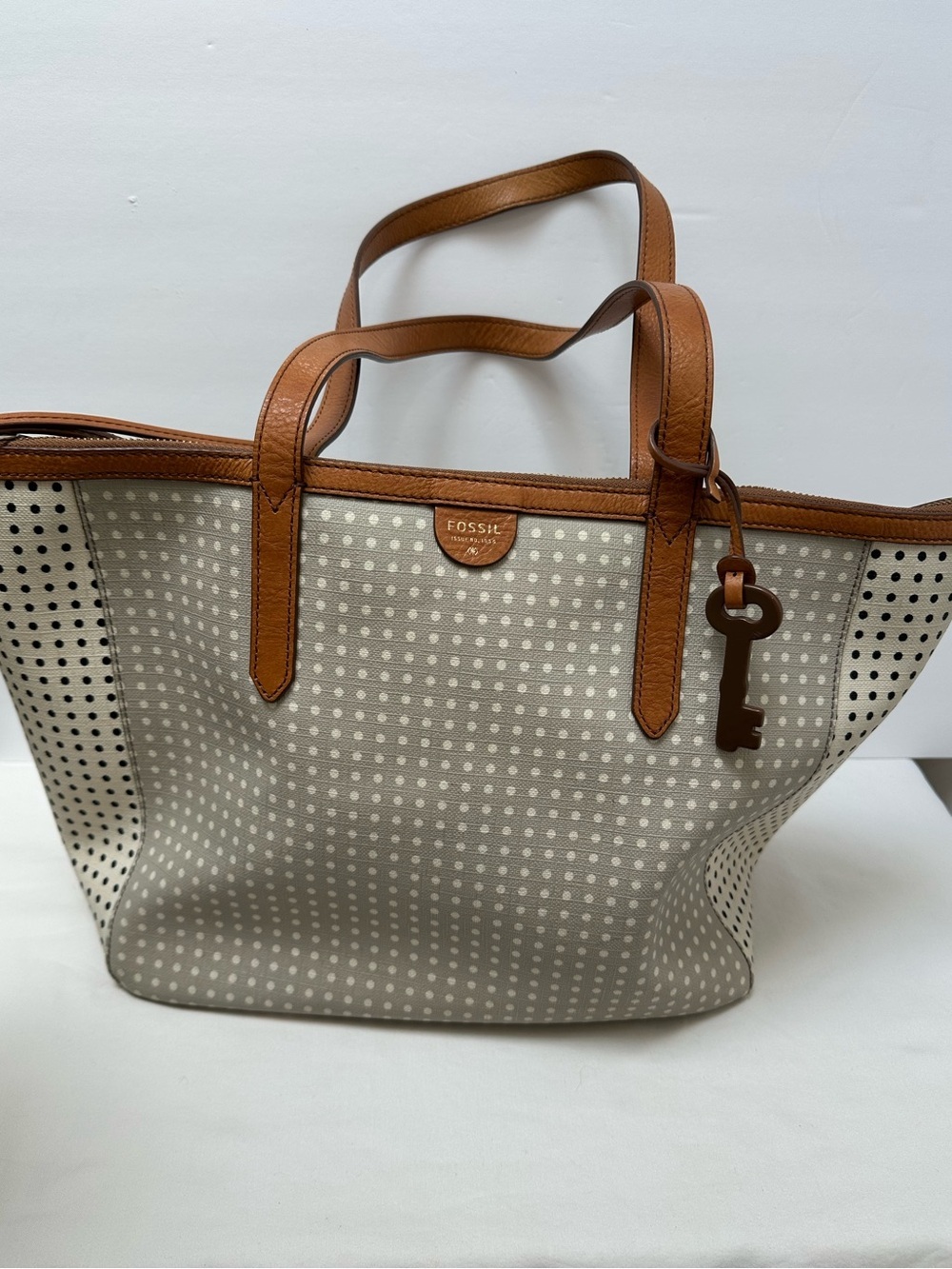 Fossil Cream, Gray & Black Polka Dot Tote with Brown Trim